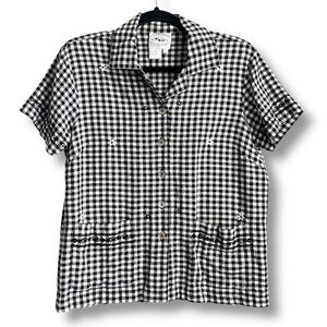 Prairiecore VTG 90’s black/white Checked Gingham blouse w/ embroidered daisies